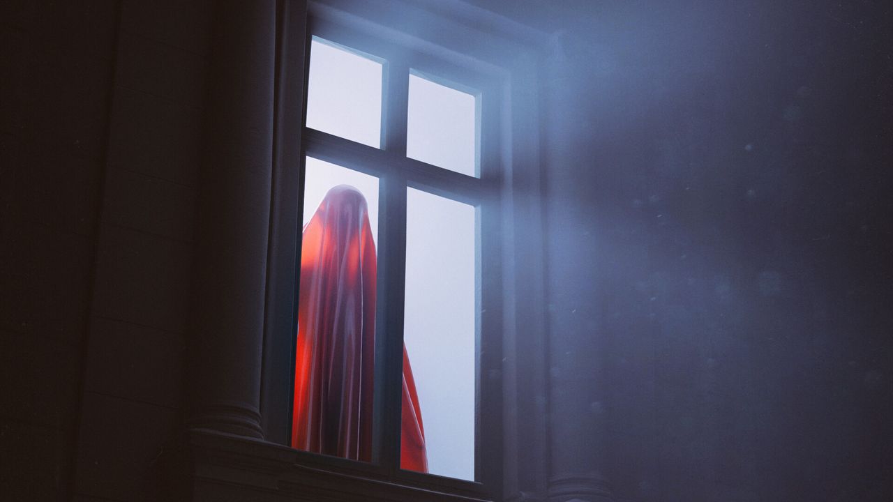 Wallpaper ghost, window, silhouette, fabric, folds, light, rays