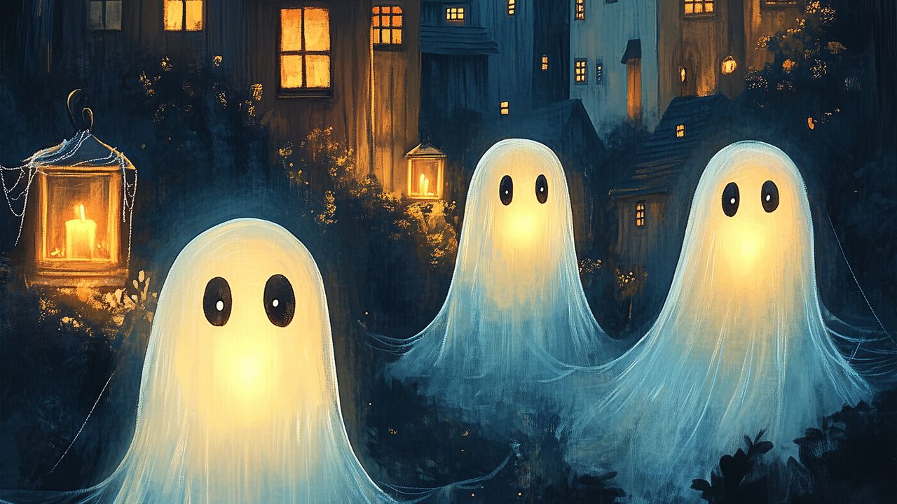 Wallpaper ghosts, house, lantern, art, night