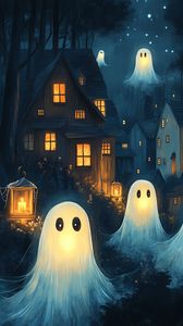 Preview wallpaper ghosts, house, lantern, art, night