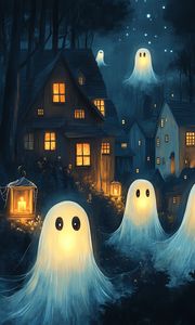 Preview wallpaper ghosts, house, lantern, art, night