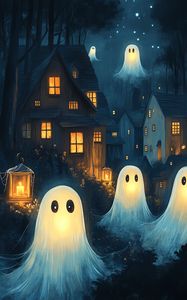 Preview wallpaper ghosts, house, lantern, art, night