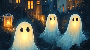 Preview wallpaper ghosts, house, lantern, art, night