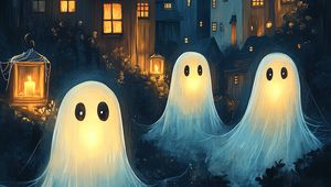 Preview wallpaper ghosts, house, lantern, art, night