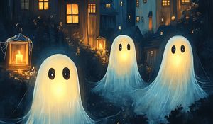 Preview wallpaper ghosts, house, lantern, art, night