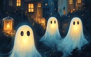 Preview wallpaper ghosts, house, lantern, art, night