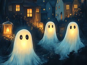 Preview wallpaper ghosts, house, lantern, art, night