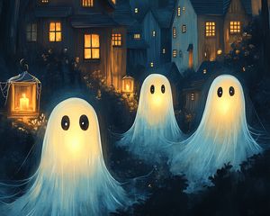 Preview wallpaper ghosts, house, lantern, art, night