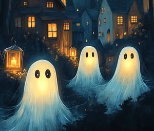 Preview wallpaper ghosts, house, lantern, art, night