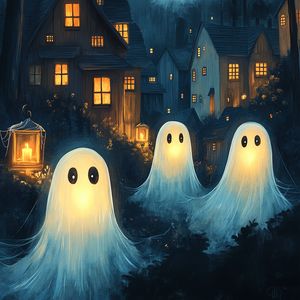 Preview wallpaper ghosts, house, lantern, art, night