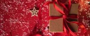 Preview wallpaper gift, box, ribbon, stars, snow, holiday