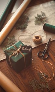 Preview wallpaper gift, box, scissors, threads, branches
