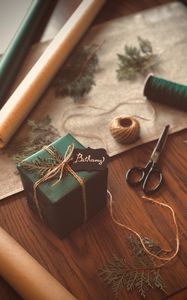 Preview wallpaper gift, box, scissors, threads, branches