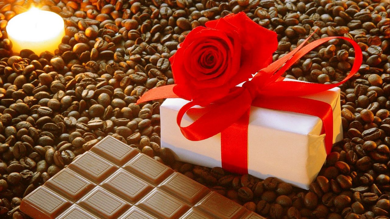 Wallpaper gift, ribbon, rose, chocolate, coffee, corn, candle, romantic, holiday