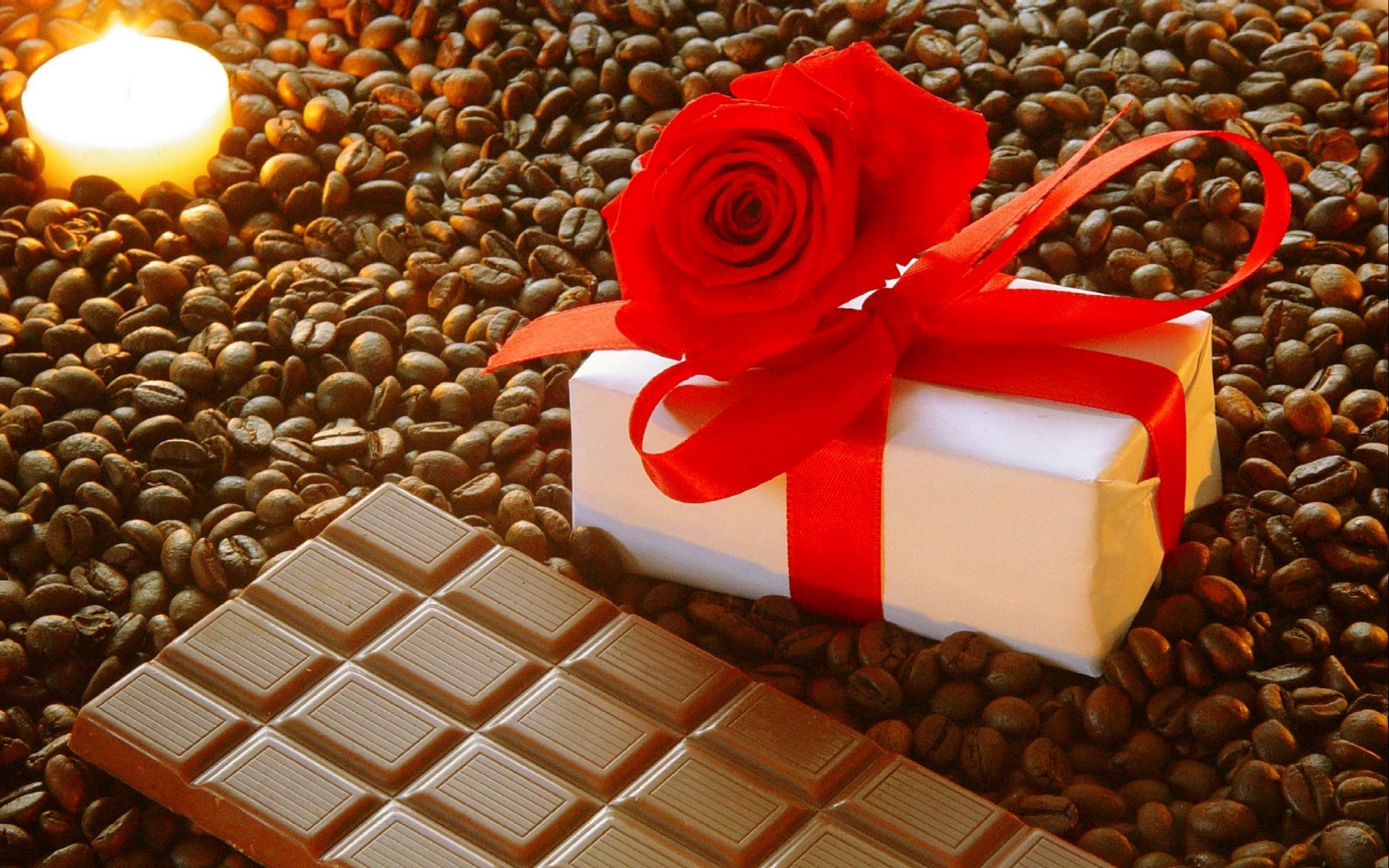 1920x1200 Wallpaper gift, ribbon, rose, chocolate, coffee, corn, candle, romantic, holiday