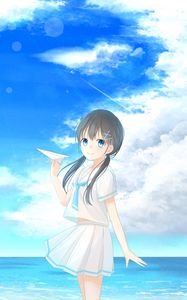 Preview wallpaper girl, airplane, summer, sea, anime, art