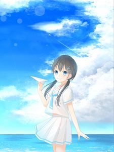 Preview wallpaper girl, airplane, summer, sea, anime, art