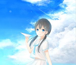 Preview wallpaper girl, airplane, summer, sea, anime, art