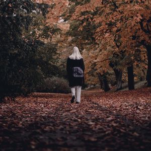 Preview wallpaper girl, alone, autumn, park, walk