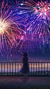 Preview wallpaper girl, alone, fireworks, anime, art