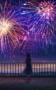 Preview wallpaper girl, alone, fireworks, anime, art