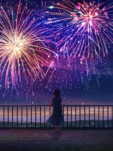 Preview wallpaper girl, alone, fireworks, anime, art