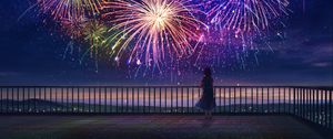 Preview wallpaper girl, alone, fireworks, anime, art