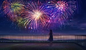 Preview wallpaper girl, alone, fireworks, anime, art