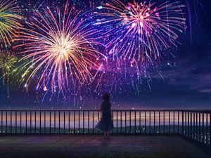 Preview wallpaper girl, alone, fireworks, anime, art