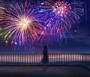 Preview wallpaper girl, alone, fireworks, anime, art