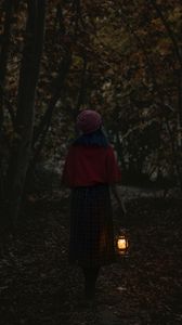 Preview wallpaper girl, alone, forest, lantern
