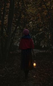 Preview wallpaper girl, alone, forest, lantern