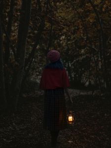 Preview wallpaper girl, alone, forest, lantern