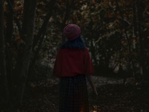 Preview wallpaper girl, alone, forest, lantern