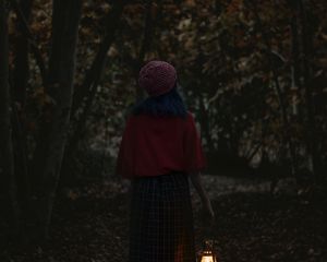 Preview wallpaper girl, alone, forest, lantern