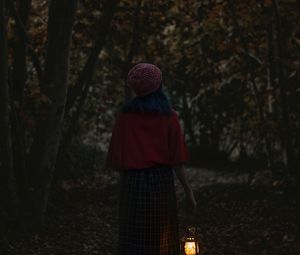 Preview wallpaper girl, alone, forest, lantern