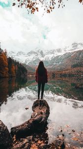 Preview wallpaper girl, alone, lake, mountains, nature