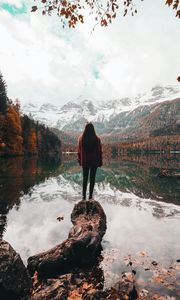 Preview wallpaper girl, alone, lake, mountains, nature