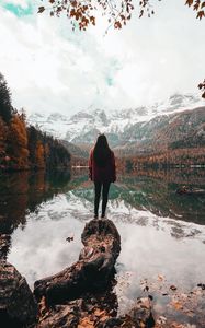 Preview wallpaper girl, alone, lake, mountains, nature