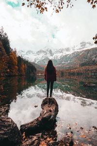 Preview wallpaper girl, alone, lake, mountains, nature