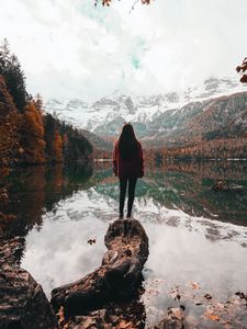 Preview wallpaper girl, alone, lake, mountains, nature