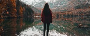 Preview wallpaper girl, alone, lake, mountains, nature