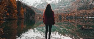Preview wallpaper girl, alone, lake, mountains, nature