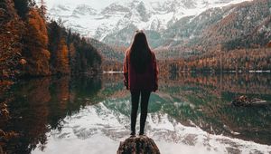 Preview wallpaper girl, alone, lake, mountains, nature