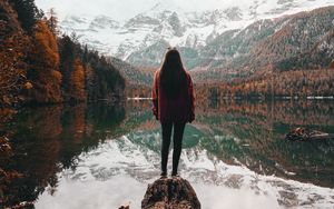 Preview wallpaper girl, alone, lake, mountains, nature