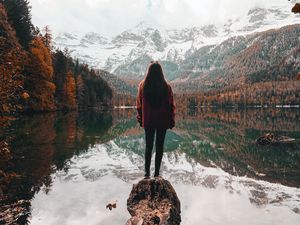 Preview wallpaper girl, alone, lake, mountains, nature