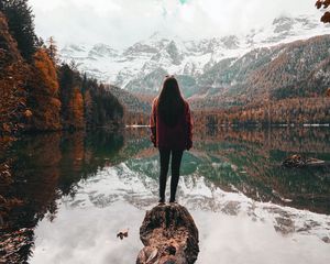 Preview wallpaper girl, alone, lake, mountains, nature