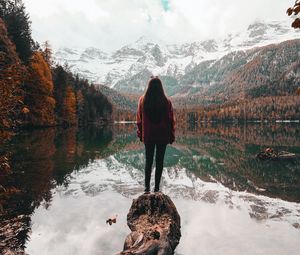 Preview wallpaper girl, alone, lake, mountains, nature