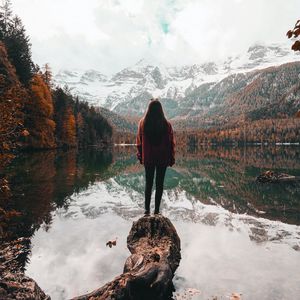 Preview wallpaper girl, alone, lake, mountains, nature