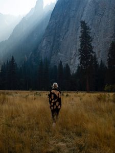 Preview wallpaper girl, alone, nature, mountains, grass