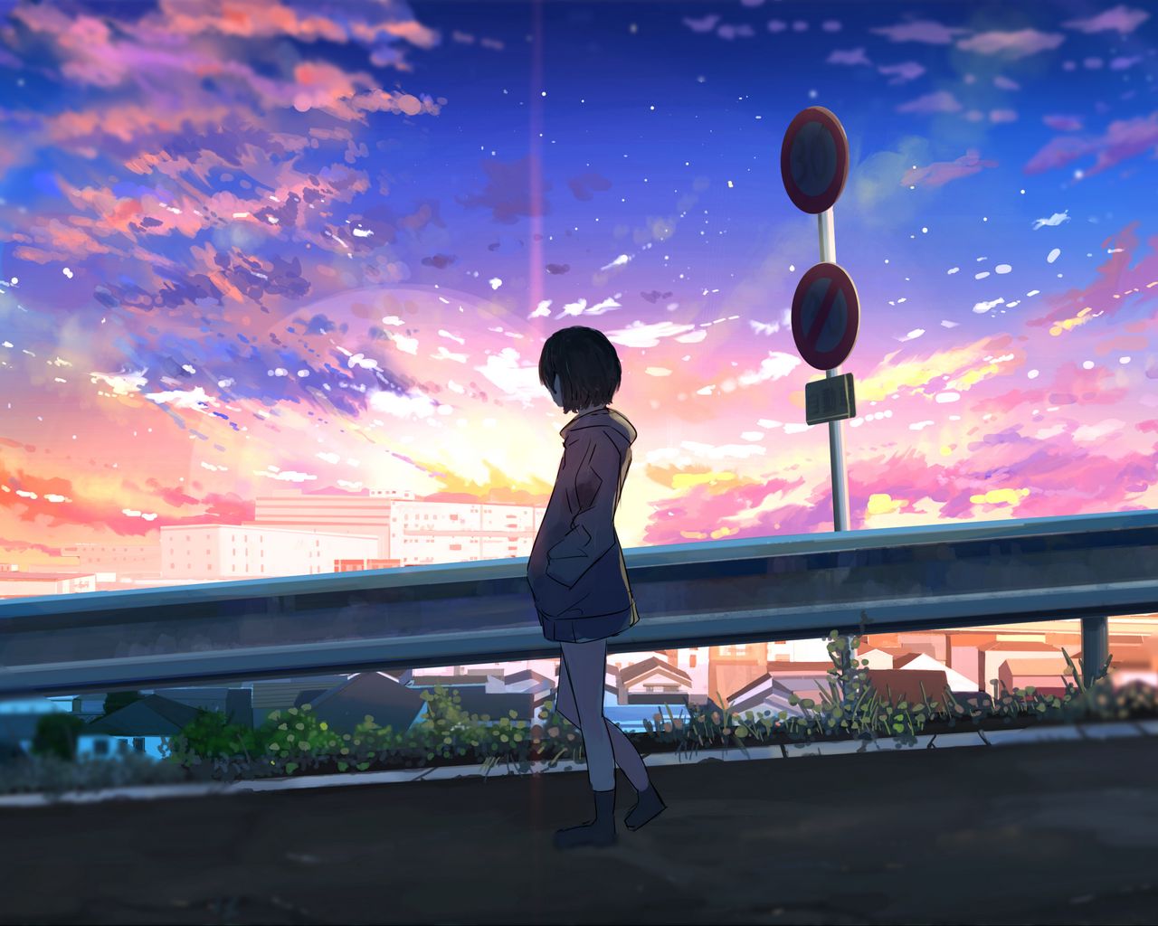 Download wallpaper 1280x1024 girl, alone, road, anime, art, cartoon  standard 5:4 hd background